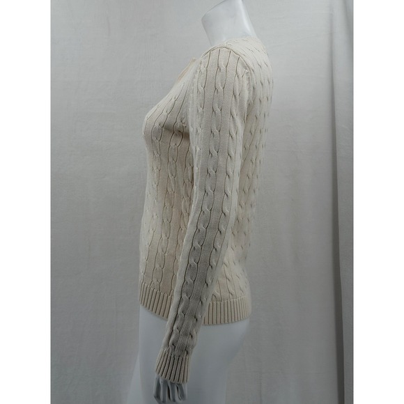 Lauren Ralph Lauren Sweater Womens Medium Cream Cable Knit V-Neck Cotton Preppy - Picture 4 of 10